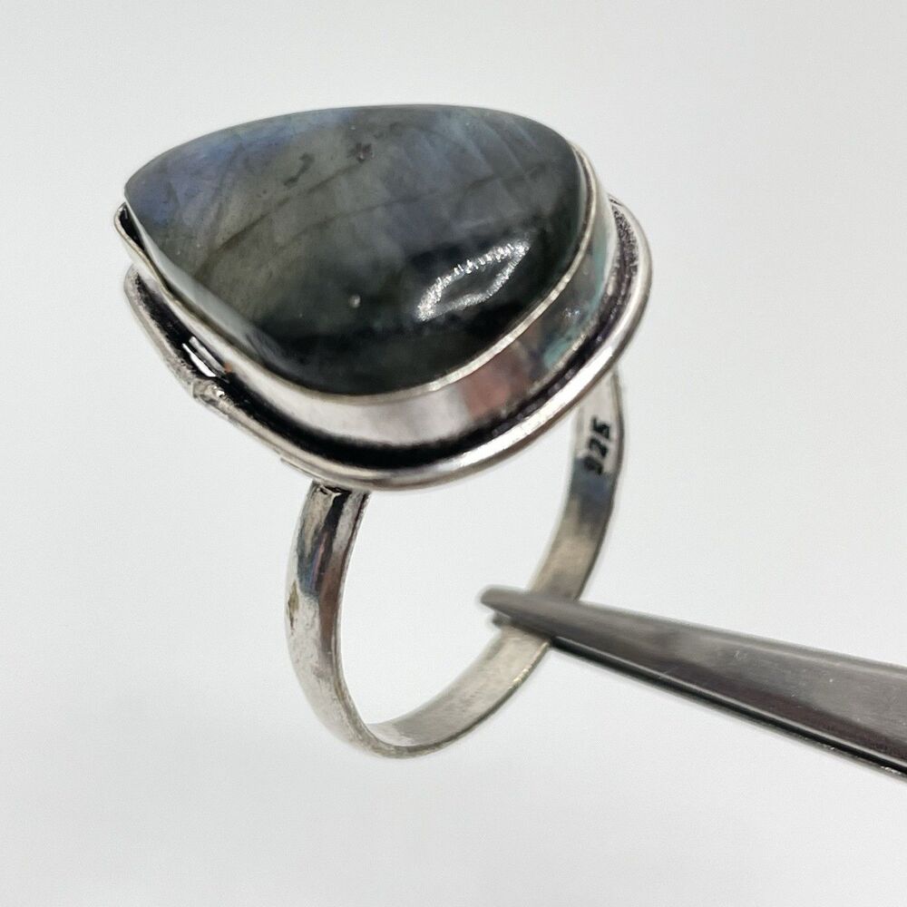 Pear Teardrop Cut Labradorite Silver Ring Sz 9.5 Boho Statement